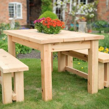 Chunky Wood Planter/Drinks Dining Table And Benches Set, 3 of 5