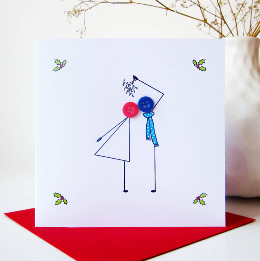 'kissing under mistletoe' button christmas card by mrs l 