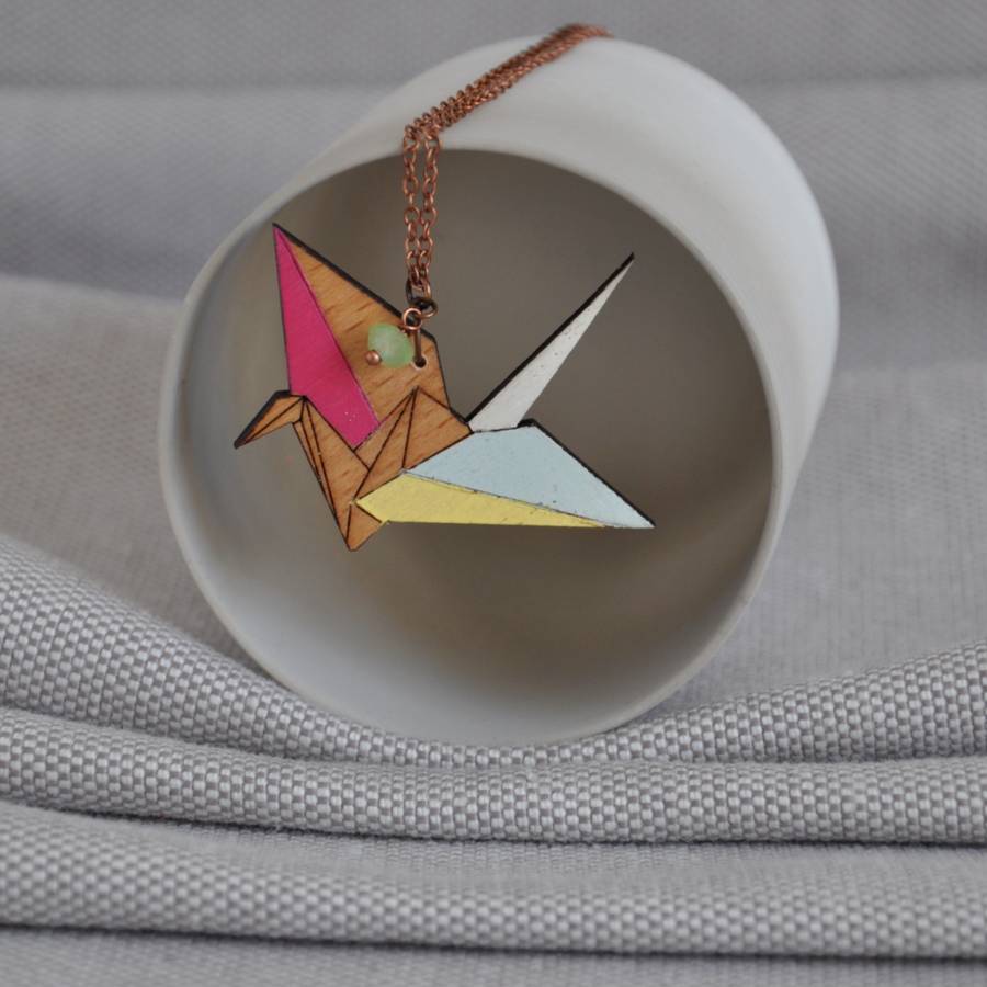 Crane Origami Wooden Necklace, 1 of 3