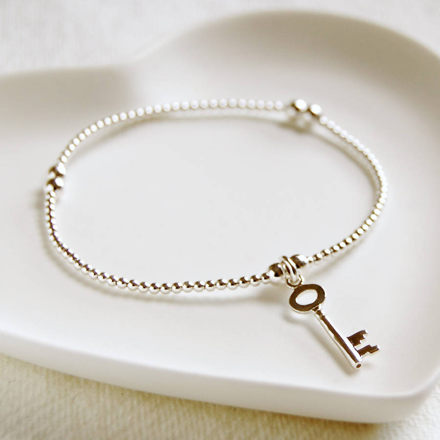 Delicate Silver Bead Bracelet With Key Charm, 1 of 3