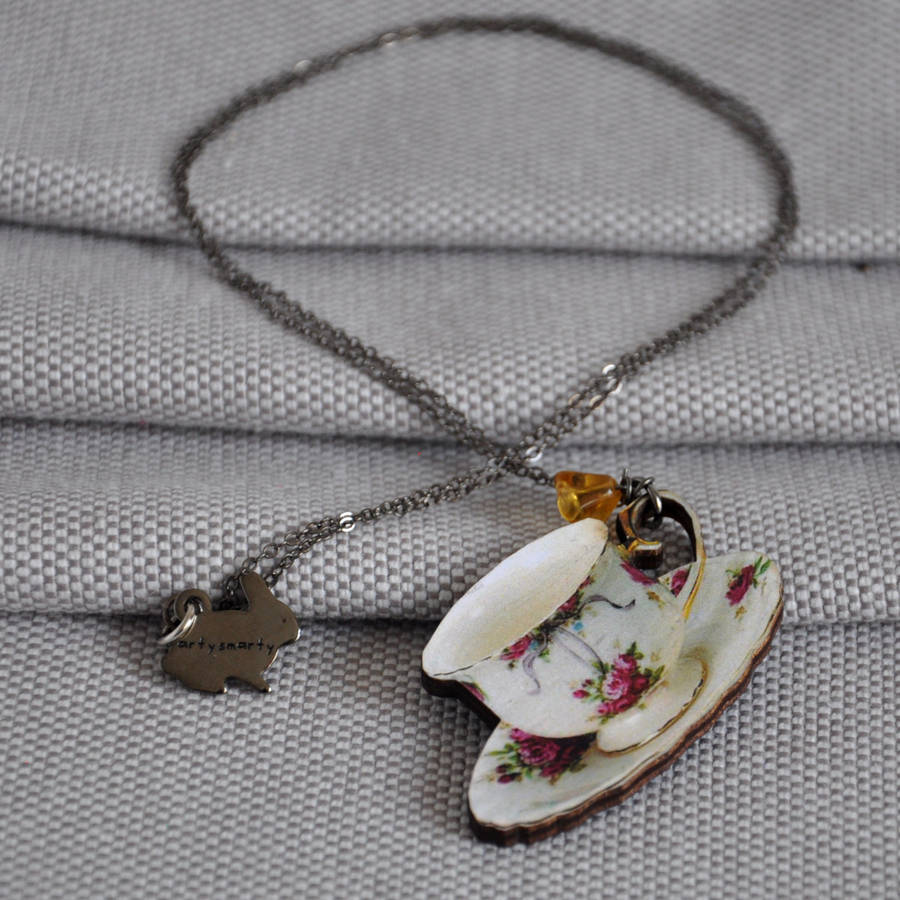 Dainty Floral Wooden Teacup Necklace By artysmarty