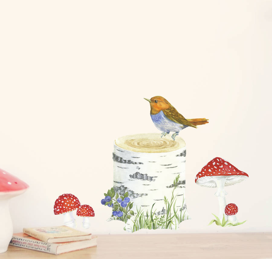 Birch Trunk, Bird And Toadstools Wall Stickers, 1 of 2