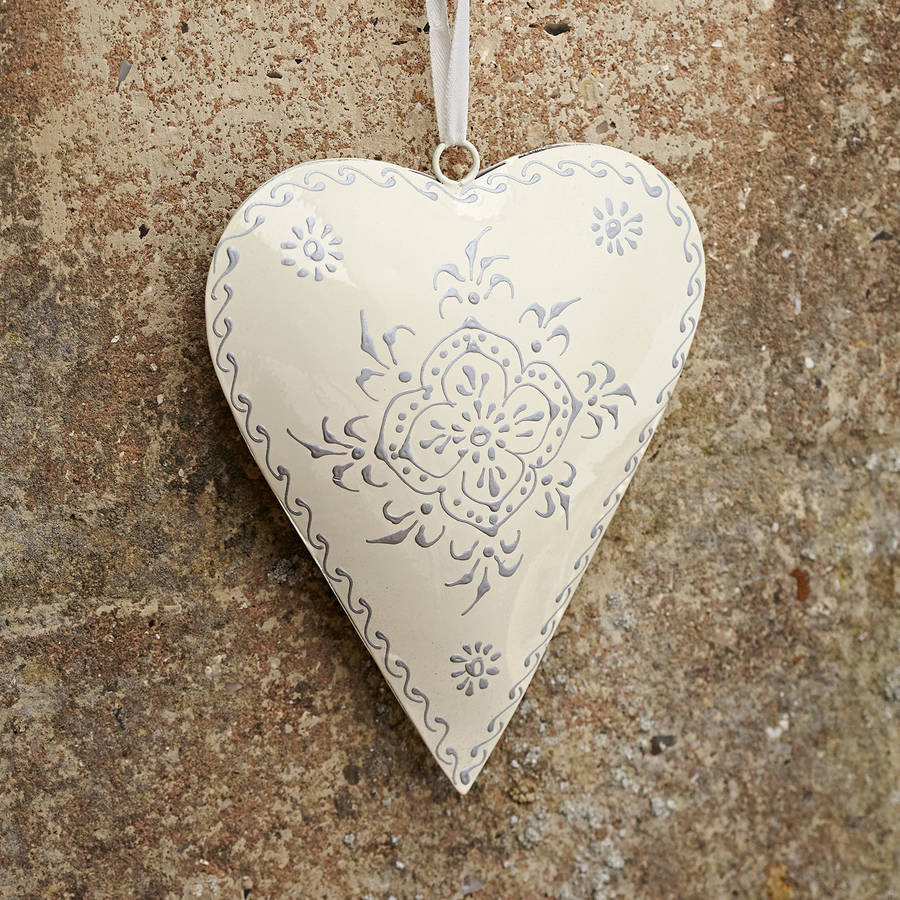 cream recycled metal heart hanging by paper high | notonthehighstreet.com