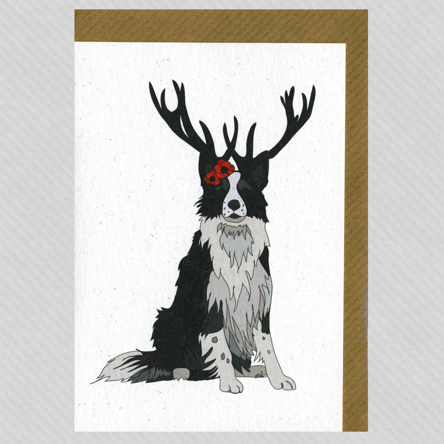 Illustrated Border Collie Deer Blank Card, 1 of 2