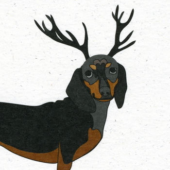 Illustrated Black Dachshund Deer Blank Card, 2 of 2