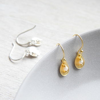 Brushed Leaf And Freshwater Pearl Earrings, 2 of 12