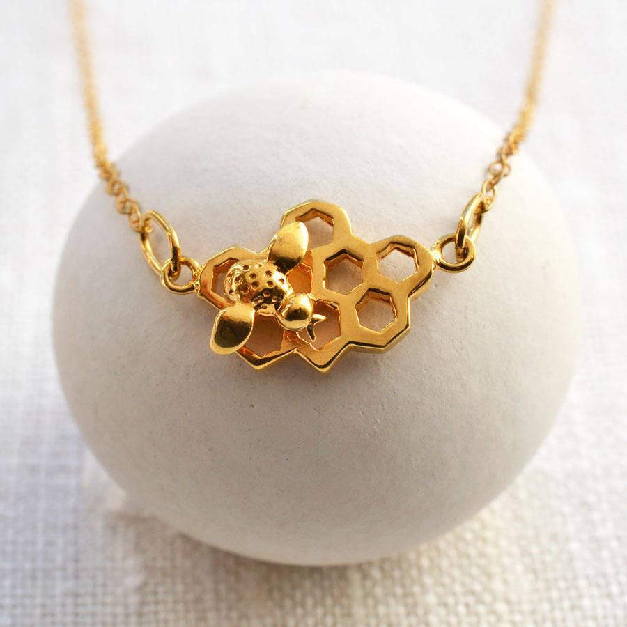 Gold Plated Honeycomb And Bee Necklace 