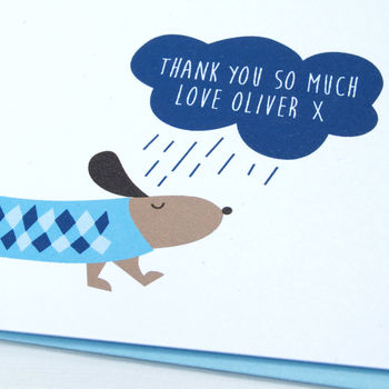 12 Personalised Blue Rainy Day Dog Thank You Cards, 2 of 3