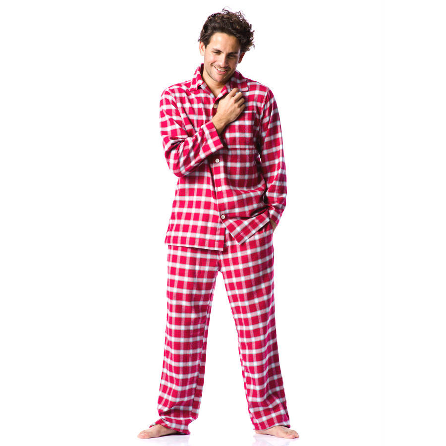 Red check pyjamas Our two piece pyjama set comes with a long sleeve plain navy top with half button front, and matching full length red check print bottoms. A classic design, these pjs are crafted from pure soft cotton for .