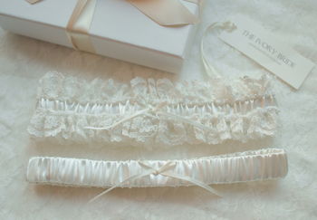 Satin Pearl And Lace Bridal Wedding Garter Set, 2 of 4