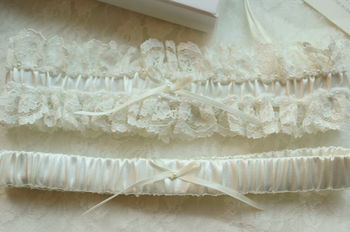 Satin Pearl And Lace Bridal Wedding Garter Set, 3 of 4