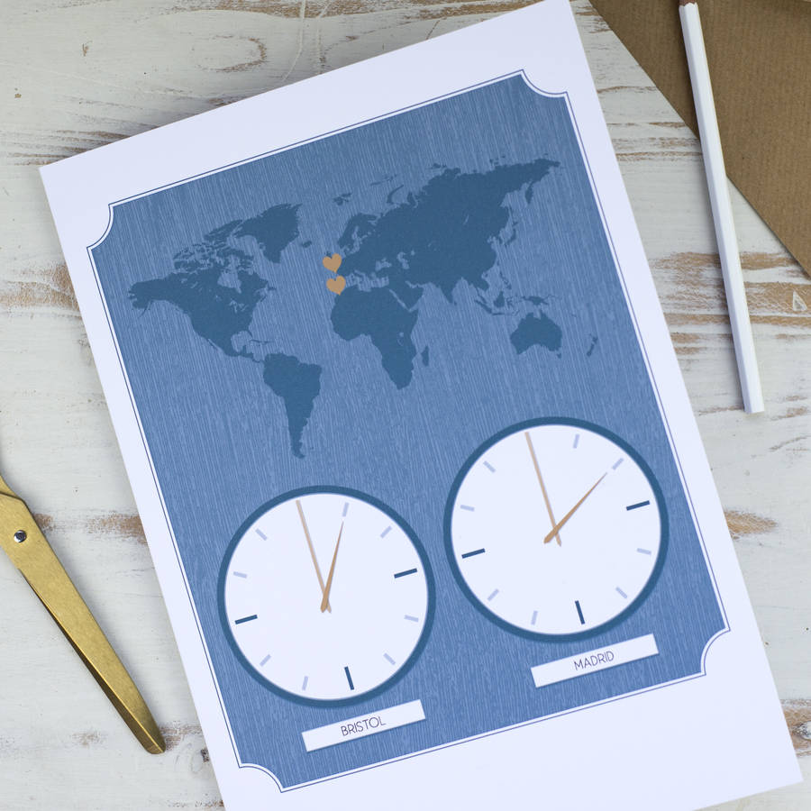 Large Personalised World Clock Map Card By Milly Inspired