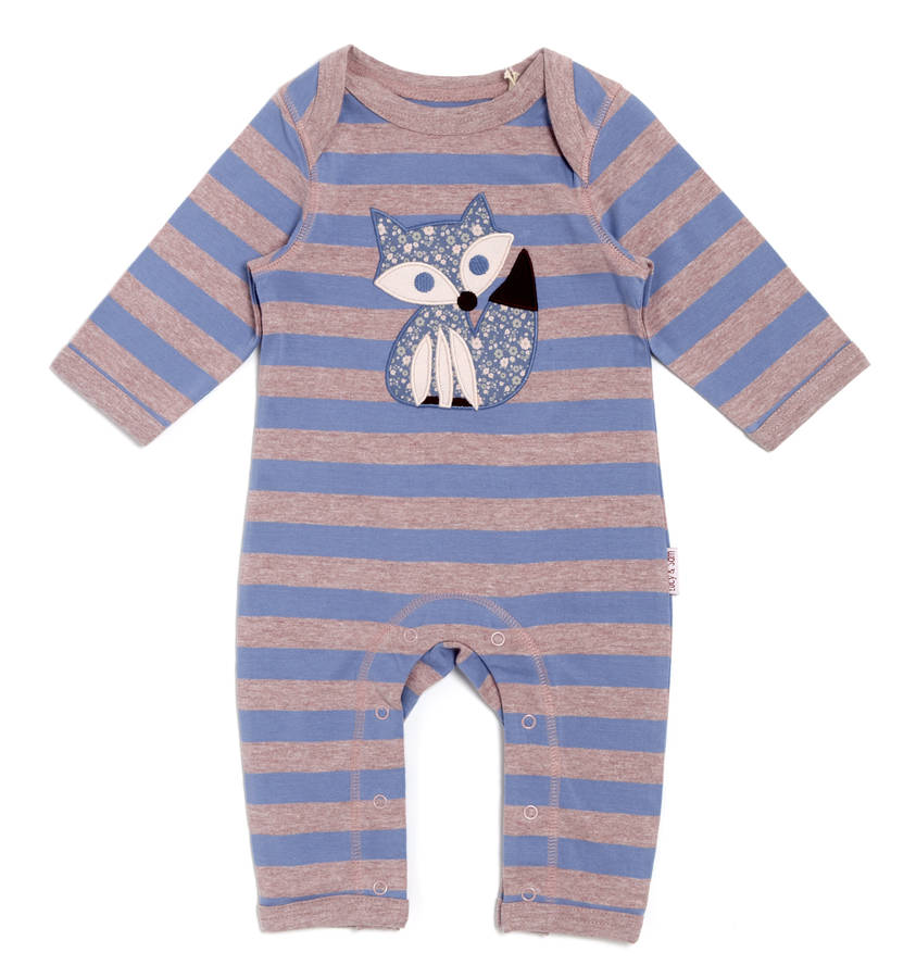 Blue And Lilac Striped Sleepsuit With Fox Applique By Lucy & Sam