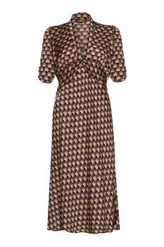 1940s Style Midi Dress In Chocolate Fan Print Crepe, 3 of 4