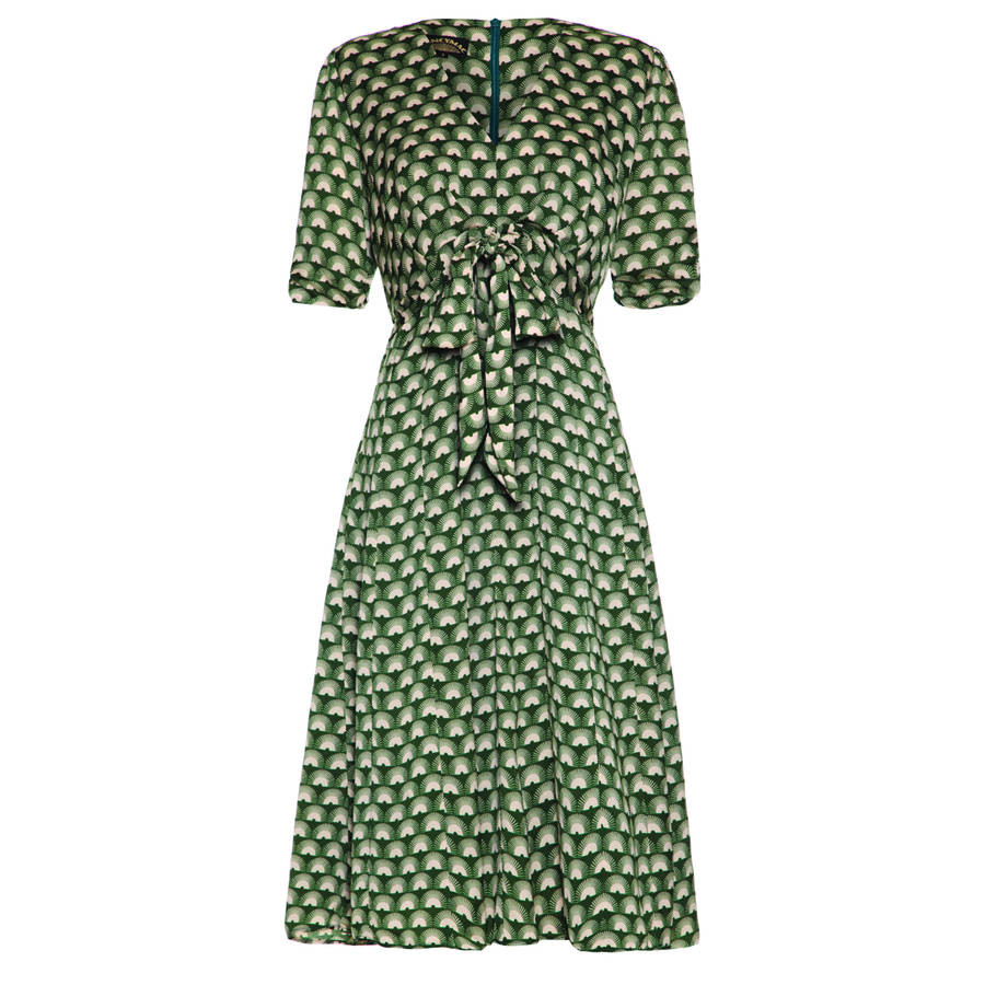 Bow Detail Fifties Inspired Dress In Green Fan Print, 1 of 6