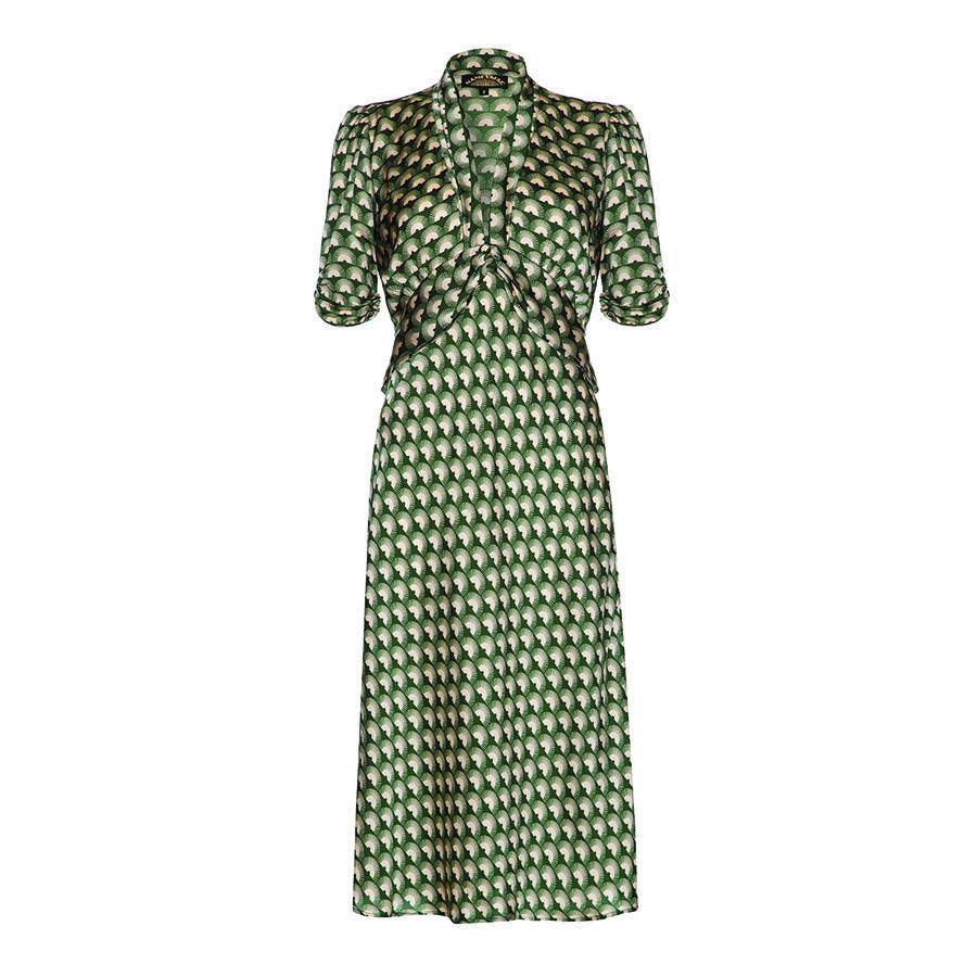 1940s Style Midi Dress In Malachite Fan Print Crepe, 1 of 7