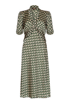 1940s Style Midi Dress In Malachite Fan Print Crepe, 4 of 7