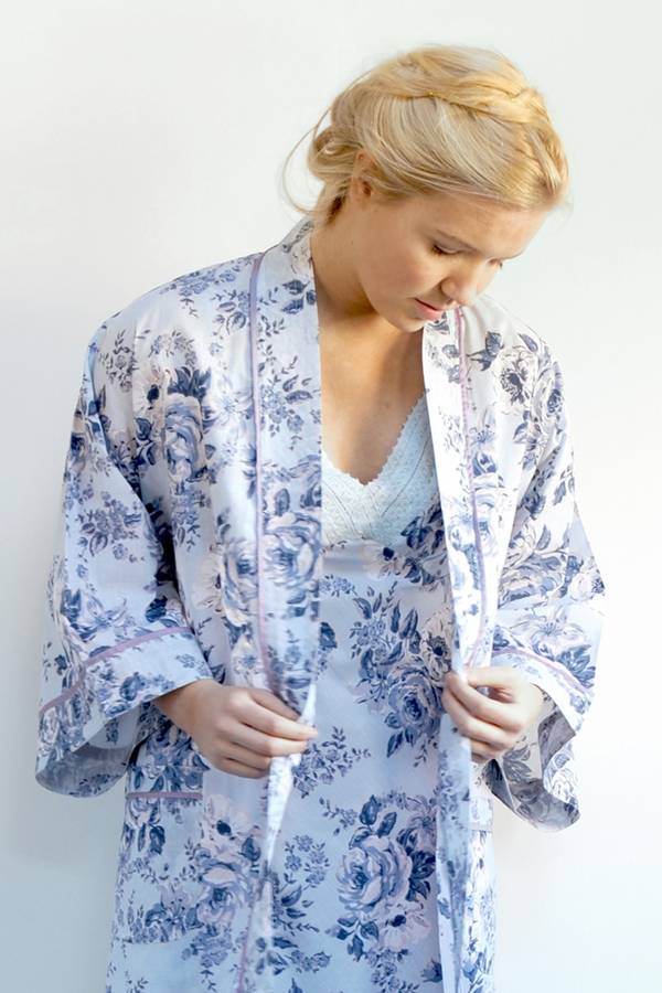 Cotton Kimono Dressing Gown Blue Rosetta By Caro London