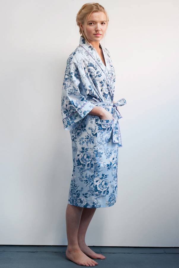 Cotton Kimono Dressing Gown Blue Rosetta By Caro London