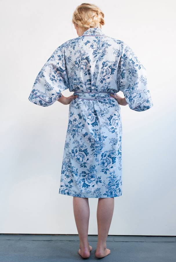 Cotton Kimono Dressing Gown Blue Rosetta By Caro London