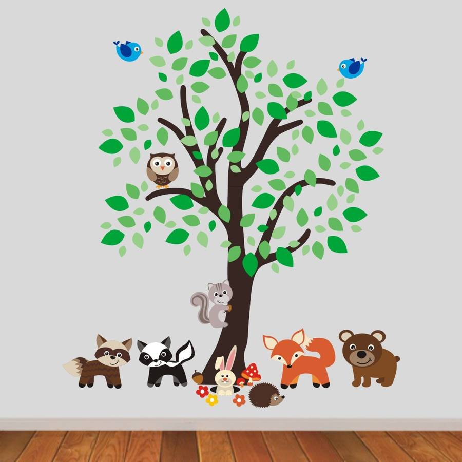 forest tree with woodland animals wall sticker by mirrorin