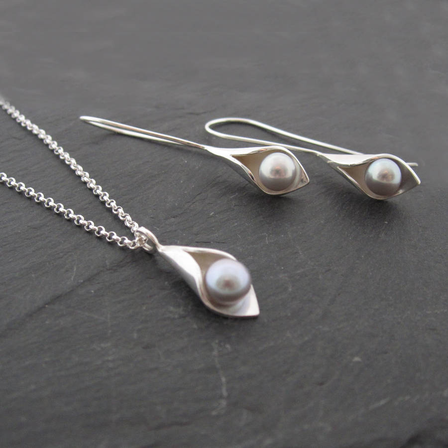 calla lily pendant and earrings pearl jewellery set by emma-kate ...