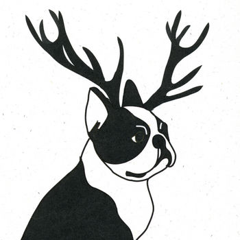 Illustrated Boston Terrier Deer Blank Card, 2 of 2