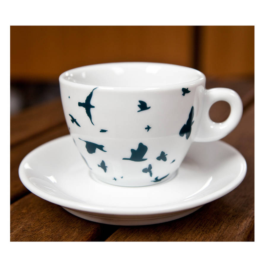 Navy Birds Tea Cup And Saucer Set By Kate Moby