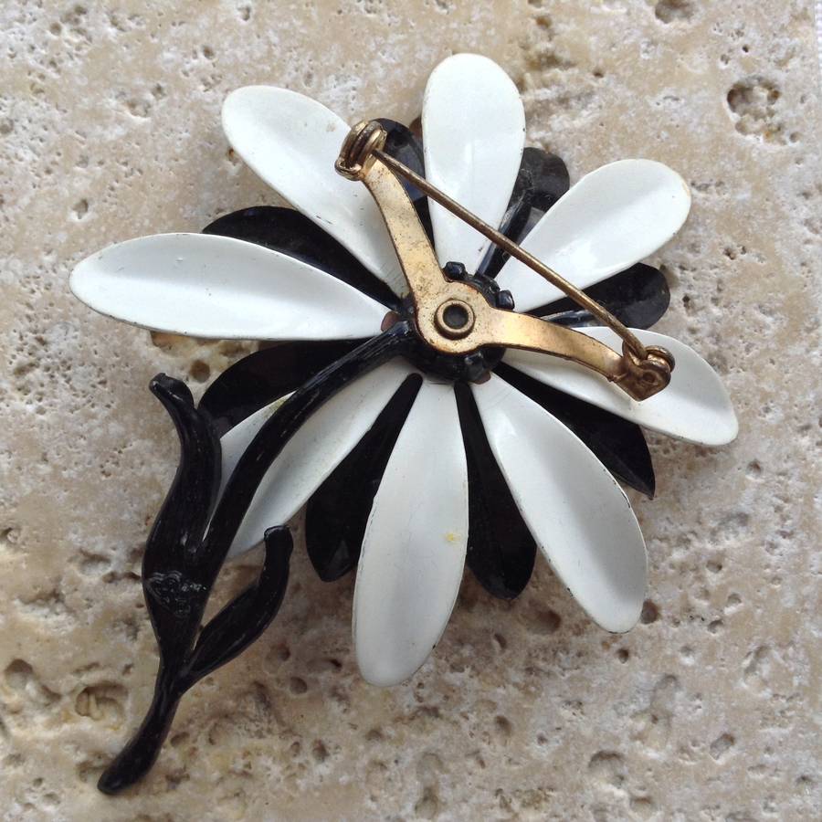 Vintage Black And White Enamel Flower Brooch By Iamia 