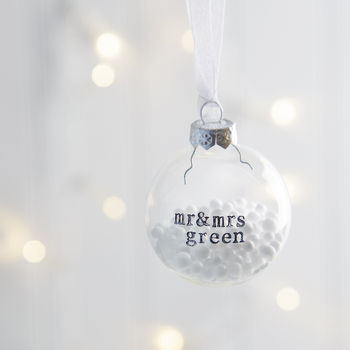 Personalised Mr And Mrs Glass Bauble With Snow, 2 of 3
