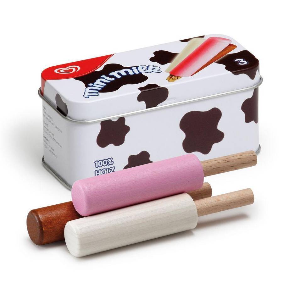tin containing three wooden mini milk ice lollies toy by ...