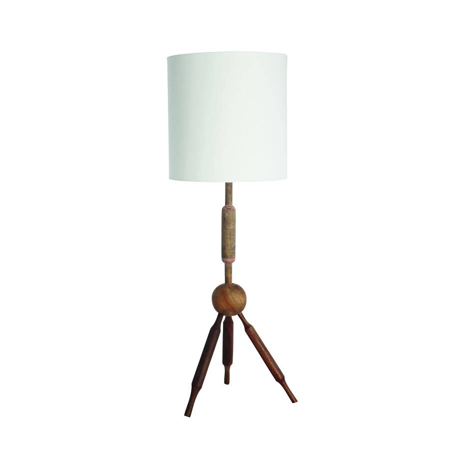 Wooden Tripod Lamp  With Off  White Shade By Old With New 