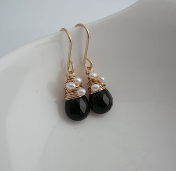 Black Onyx With Woven Pearls Earrings, 2 of 4