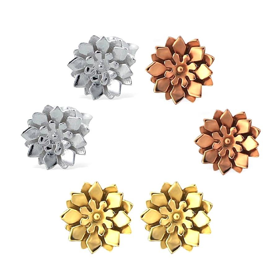 Geometric Chrysanthemum Sterling Silver Flower Earrings By Lucy Loves