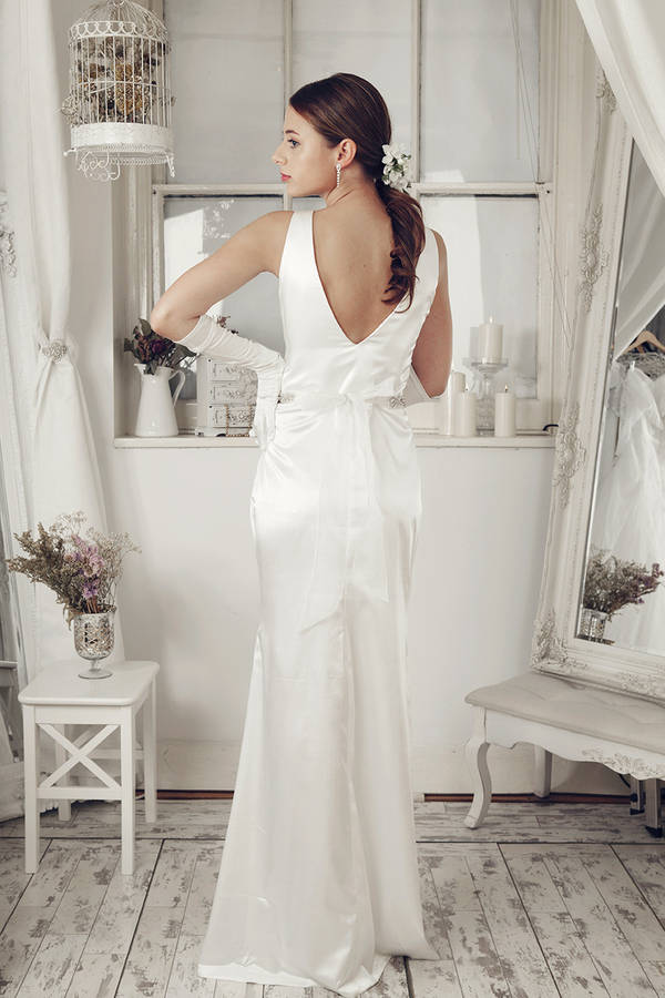 Ivory V Neck Elegant Satin Bias Wedding Dress By Elliot Claire London 9004