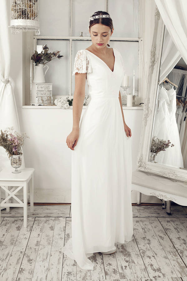 floor length v neck wedding dress by elliot claire london ...