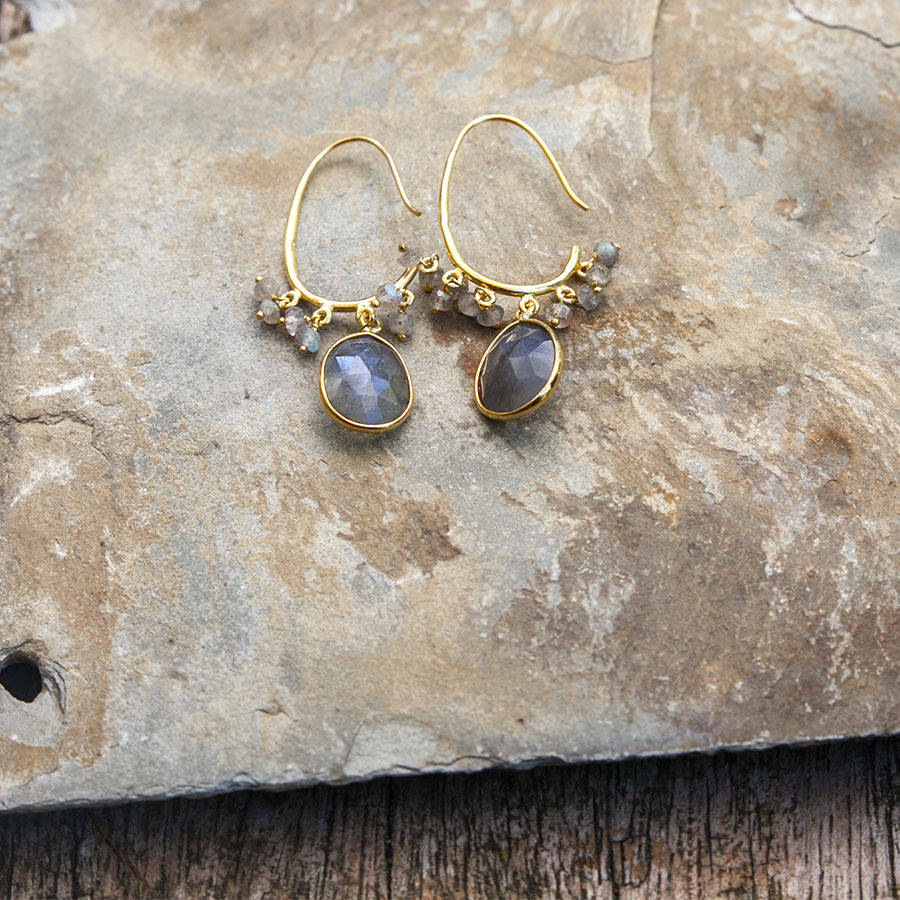 labradorite gold drop beaded hoop earrings by rochelle shepherd jewels