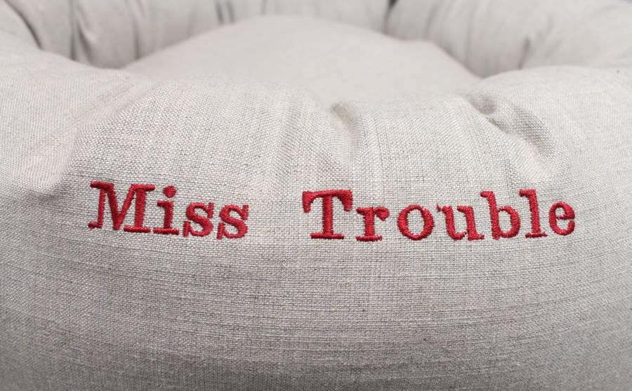personalised linen donut dog bed by pins and ribbons