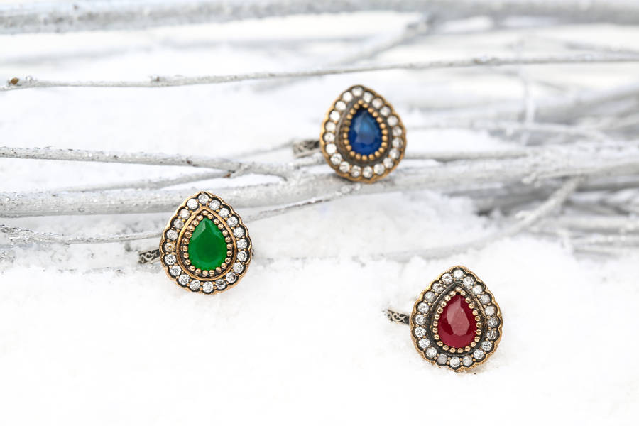 Silver Emerald Green Teardrop Sultana Ring By Sultanesque