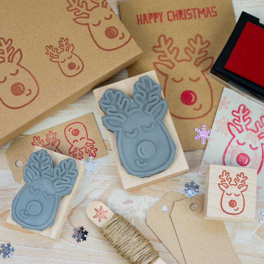 Christmas Red Nose Reindeer Rubber Stamp, 1 of 2