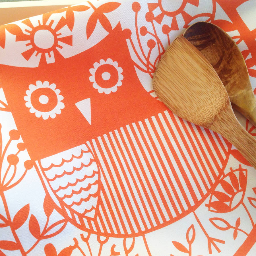 Screen Printed Orange Or Pink Owl Tea Towel, 1 of 4