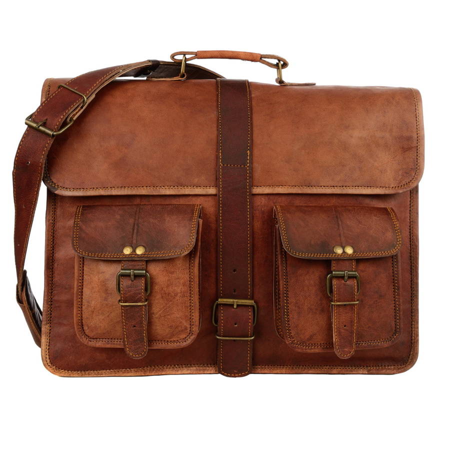 large brown strap style leather satchel / laptop bag by paper high | literacybasics.ca