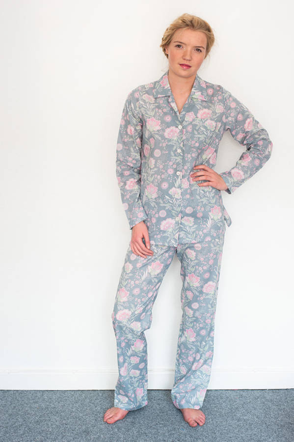 Ladies Pyjama Set In French Fleurs Dove Grey Print By Caro London