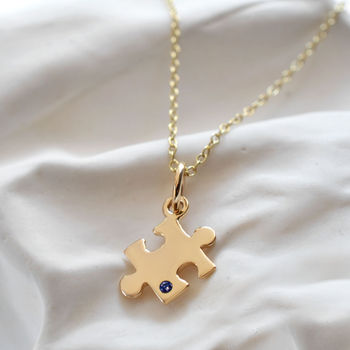 Solid 9ct Gold Jigsaw Puzzle Necklace With Sapphire, 2 of 5