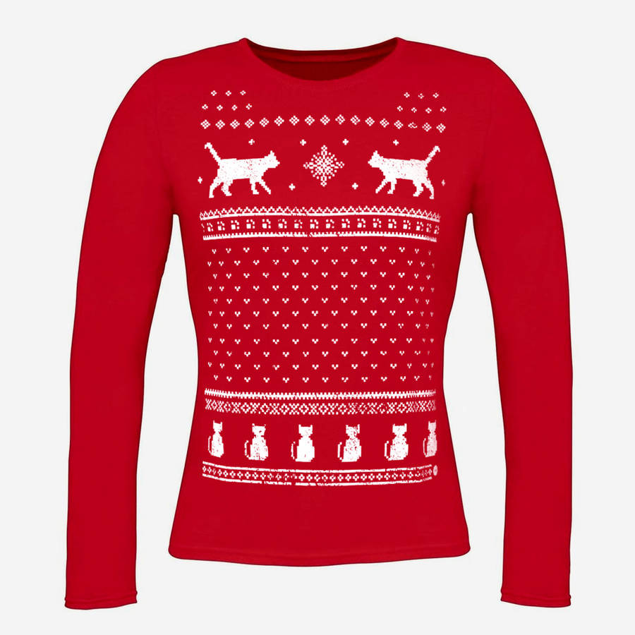 Womens Festive Christmas Cats Long Sleeve Tshirt, 1 of 3