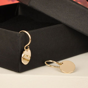 Simple Solid Gold Disc Hook Earrings, 2 of 4
