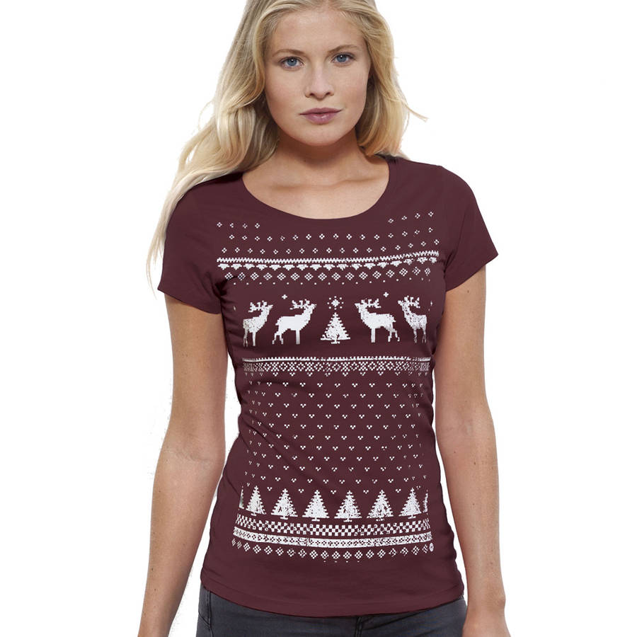Womens Festive Christmas Reindeer Organic Tshirt, 1 of 4