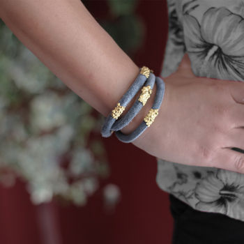 Blue Suede Wrap Bracelet With Gold Sliders, 6 of 6