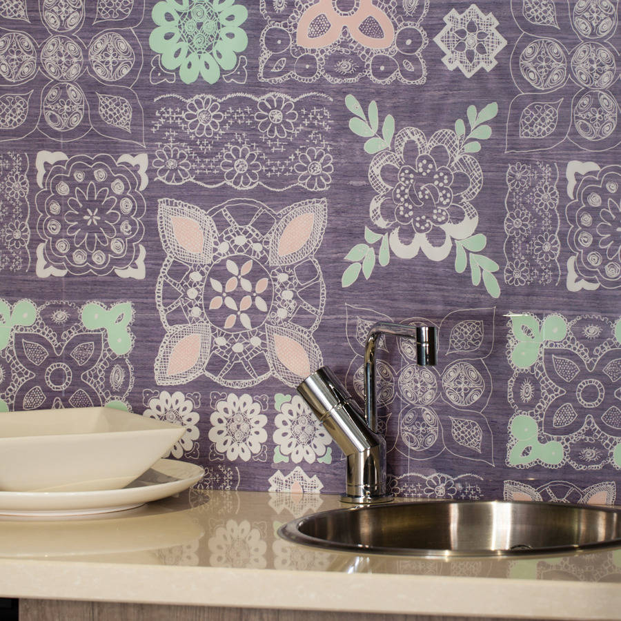 Pastel Lace In Grey Patterned Glass Splashback Pastel Lace In Grey Patterned Glass Splashback