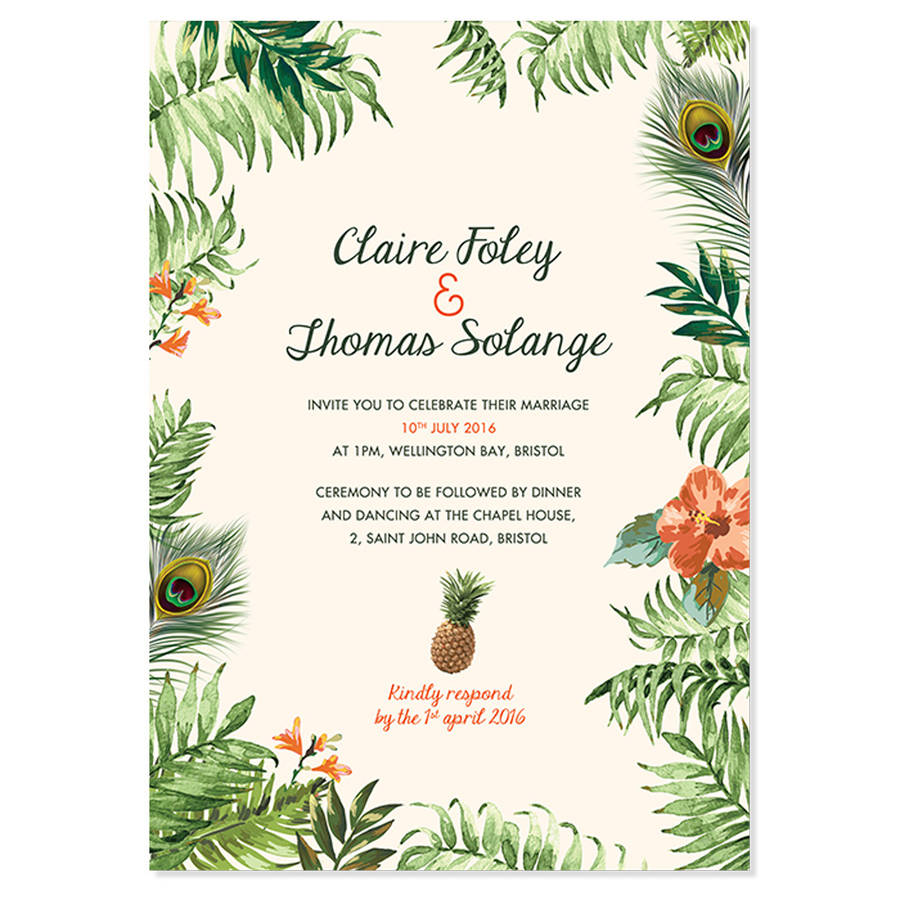 tropical jungle wedding invitation by pepper & joy